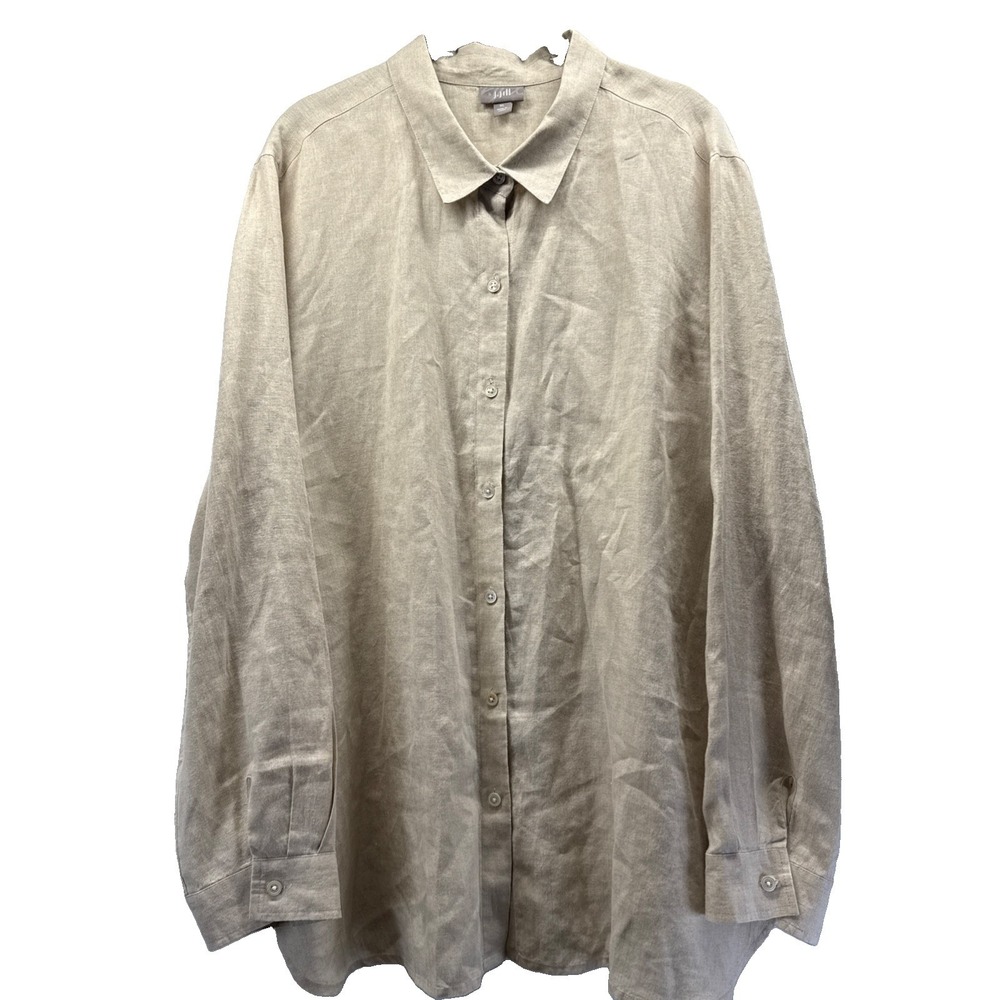 J Jill Women's 100% Linen Tunic Top XL Ivory Minimalist Button Up Long Sleeves